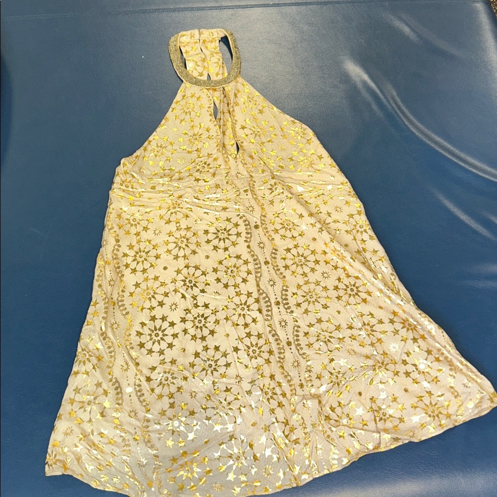 NWTS sz L Kimchi Blue Gold Star Midi Dress flowing design decorative neck line - Picture 2 of 8